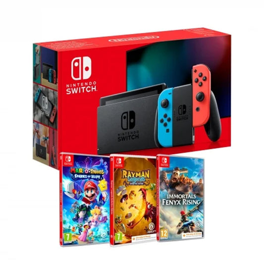 Nintendo Switch Estándar Neón + Pack 3 Juegos (Mario+Rabbids Sparks of Hope, Rayman Legends, Immortals Fenyx Rising – CIAB)